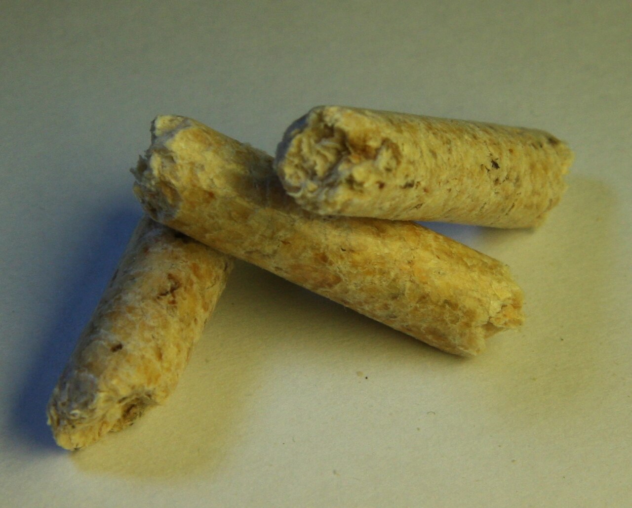 Macro of three cream cylindrical pellets showing plant-fiber texture